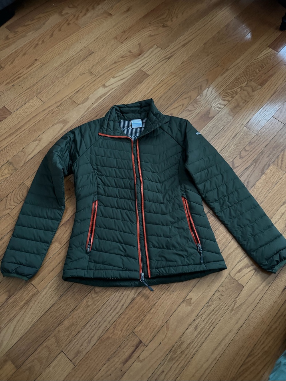 Columbia Women’s Olive Green Quilted Puffer Jacket with Contrast Orange Zips